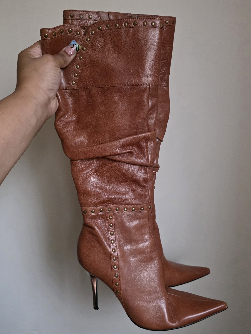 Bronx Brown Studded Pointed-Toe Knee Boots